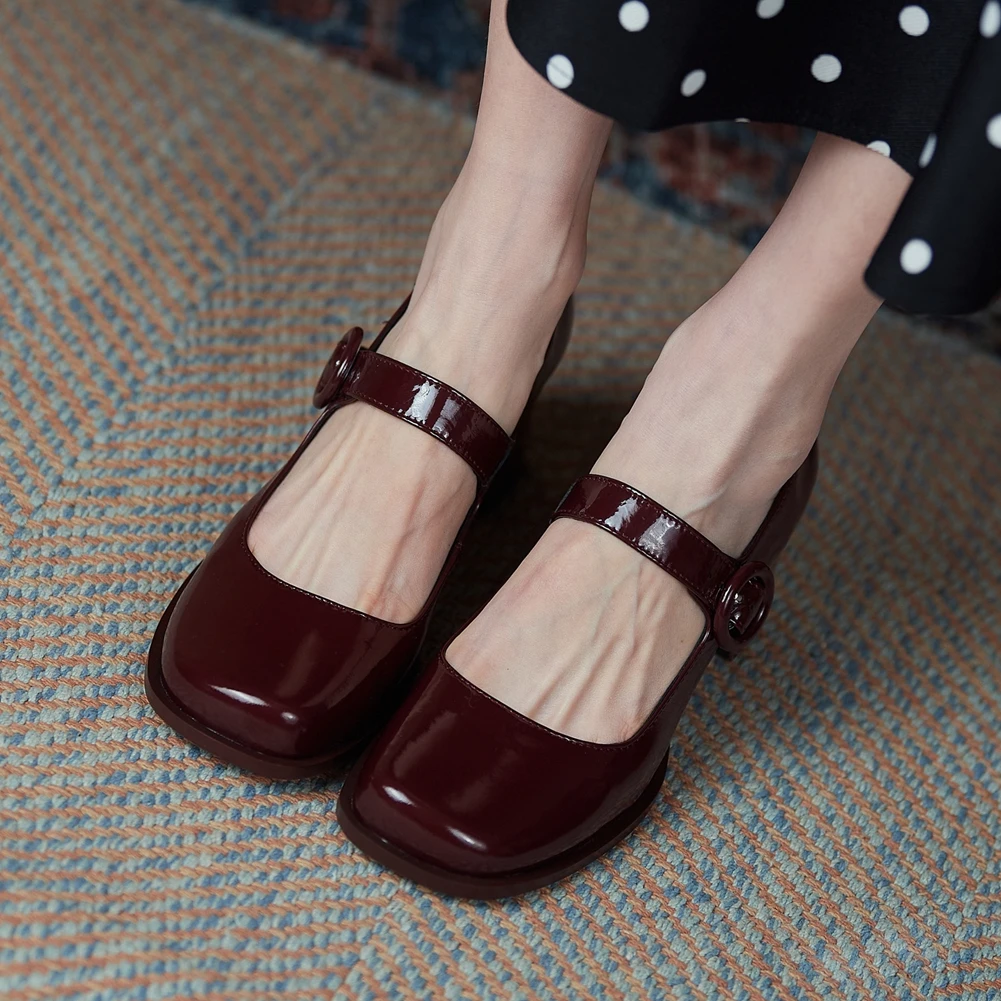 

2021 Dropshipping On Sale High Quality Shoes Cow Leather Mary Janes Ankle Straps Square Thick Heels Black Spring Female Shoes
