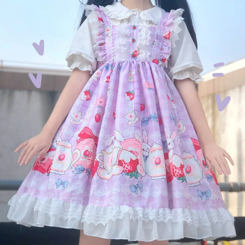 Japanese Kawaii Lolita Cosplay Soft Sister Dress Cute Rabbit Strawberry Sleeveless JSK Dress Ruffles Bow Princess Tutu Dress
