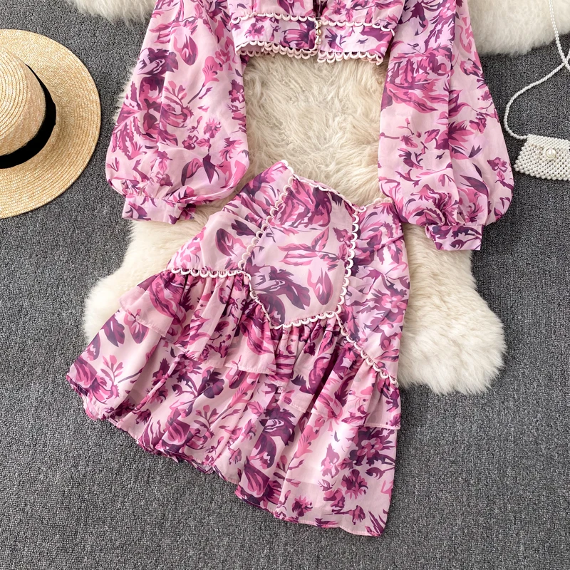 

Short Tops And Ruffle Hem Mini Skirt Female Chiffon Suit Autumn Bohemian Vacation Beach Two Piece Set Sexy V-Neck Long Sleeve