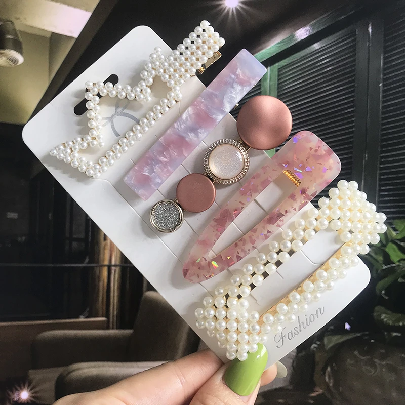 

2020 Pearl Crystal Hair Clips Set Sweet Sequins Acrylic Hair Pins Barrettes For Women Matte Geometric Waterdrop Hair Accessories