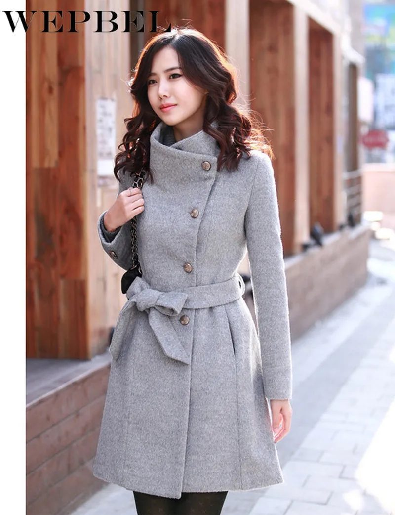 

WEPBEL Women Turtle Neck Single Breasted Jacket Casual Windbreaker Winter Warm Woolen BowTie Belt Long Coat