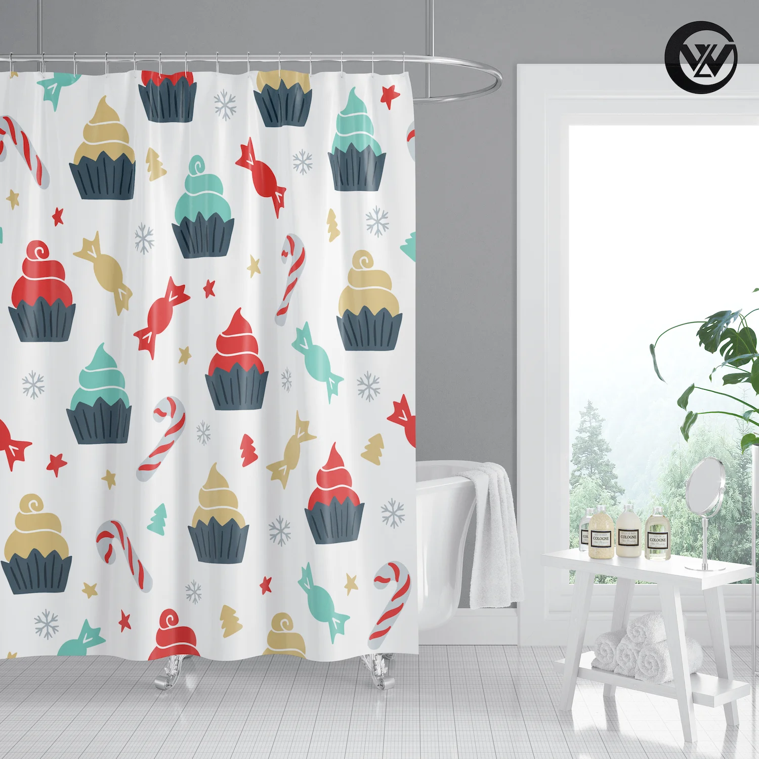 Eco Friendly Cartoon Candy Cupcake Gift Polyester Kids Bathroom
Curtains Nordic 3D Merry Christmas Farmhouse Home Shower Curtain