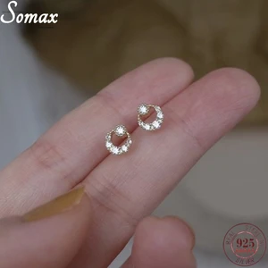 925 Sterling Silver Plating 14K Gold Earrings Women Small Simple Temperament Zircon Moon All-match Round Earrings Jewelry Gift