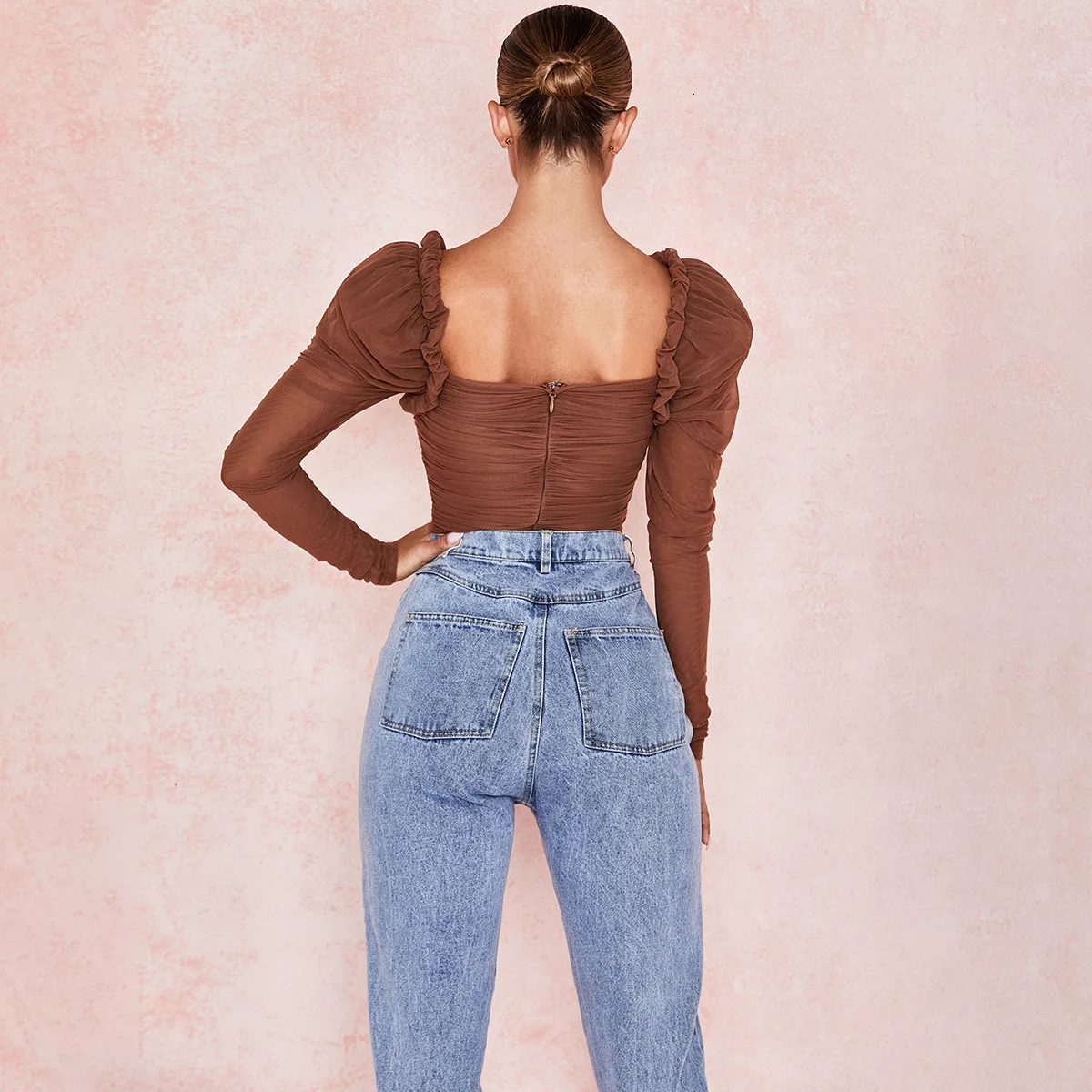 Женское облегающее боди Fuedage Сетчатое платье с рюшами и длинными рукавами