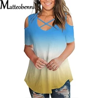 2021 summer women fashion criss cross loose gradient tops sexy o neck strapless short sleeved t shirt casual large size pullover