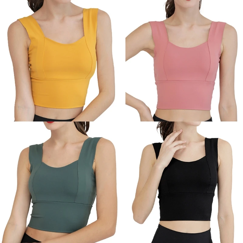 

Women Seamless Yoga Sports Bra Wide Strap Padded Support Workout Bralette Solid Color Quick Dry Wireless Crop Tank Top