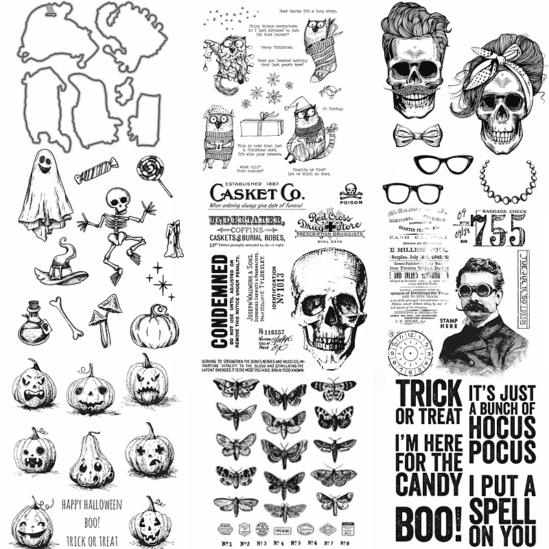 

Stencils Make Cards Metal Cutting Dies Match Clear Silicone Stamps Halloween Skull Pumpkin Ghost Bone Animal Butterfly Alphabet