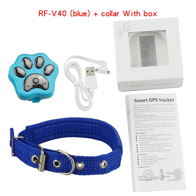 With box(blue collar RF-V40, 3g, gps трекер для питомцев, собак, кошек, устройство против потери, Мини, водонепроницаемый, для домашних животных, Wifi, локатор, расширенный, герметичный, водонепроницаемый, пылезащитный - Цвет: With box(blue collar