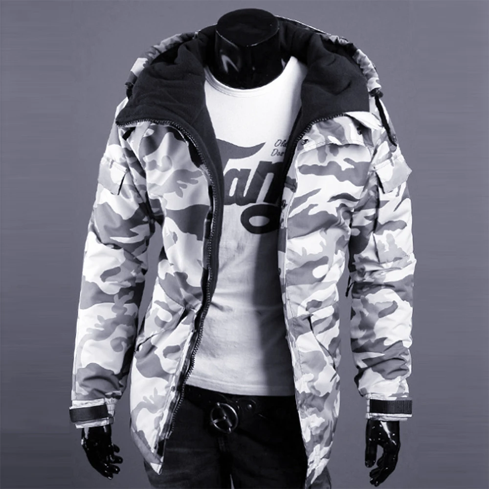 Камуфляжная зимняя мужская пуховая парка пальто с капюшоном на молнии хлопковая