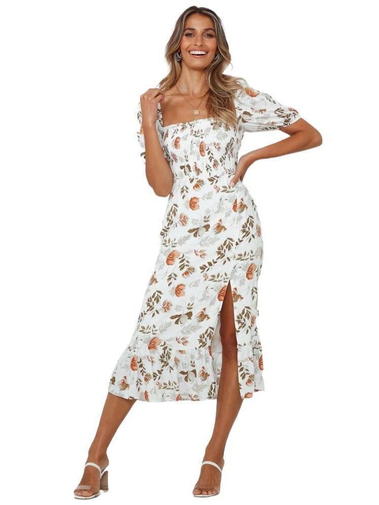 

Women's 2021 Summer Skirt Printing One-word-collar Breast-wrap Split-fork Dress