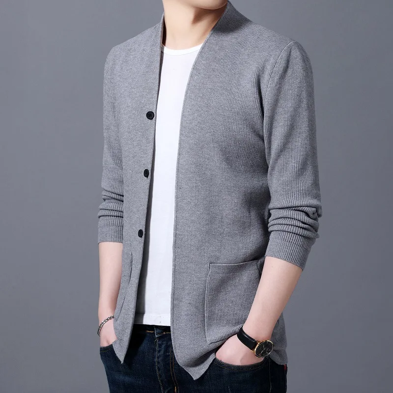 

2021 New Autum Winter Knitted Men Cardigan Sweater Black Gray Blue Korean Casual Coats Jacket Mens Clothing