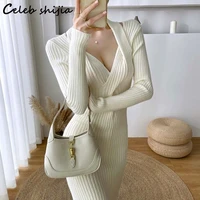 elegant apricot knit long dress women cross v neck slim waist sweater dress bodycon korean clothing autumn winter wool vestido