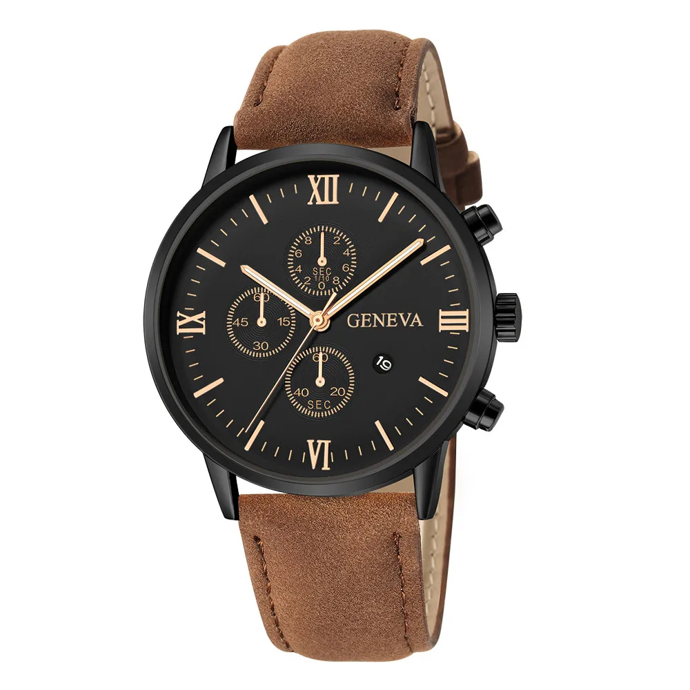 

Geneva Brand Fashion Watch Men Leather Band 3 Dial Auto Date Military Sport Men's Watch Quartz Wristwatches relojes hombre 2019