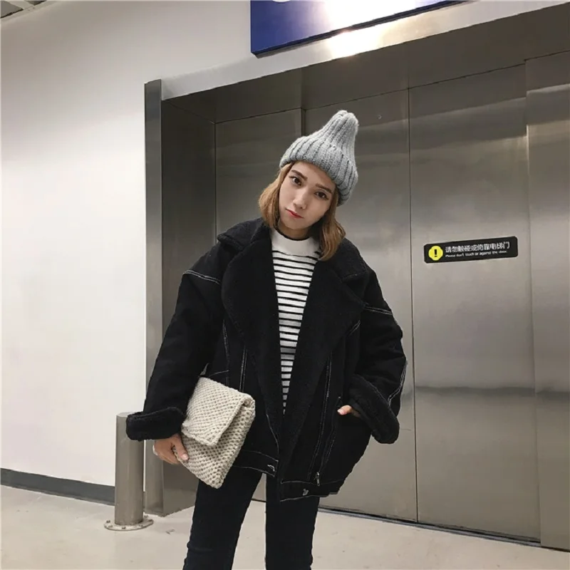 Korea new loose plus velvet thickening lamb fur coat female winter ins Harajuku vintage BF denim casual fashion women jacket