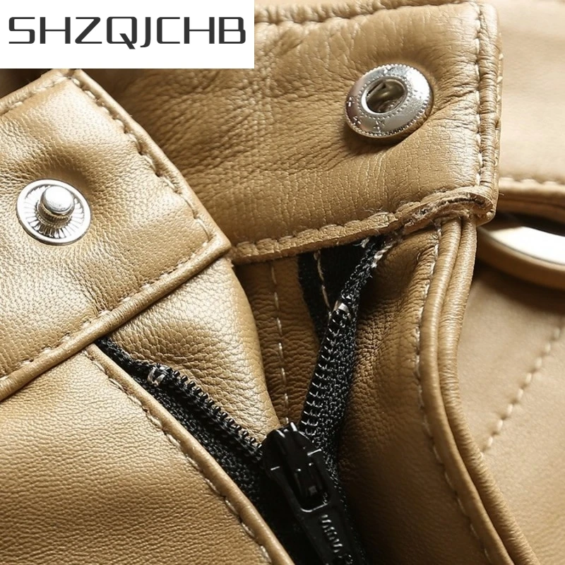 

JCHB 2021 Fashion A-Line Loose Wide Leg Shorts Women Genuine Leather Sheepskin Office Lady Shorts Street Khaki Sashes High Waist