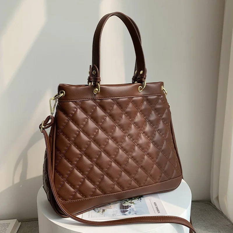 

Large-Capacity Leather Handbags 2021 New High-Quality Ladies Casual Retro Rhombus Commuter All-Match Shoulder Tote Bag Women