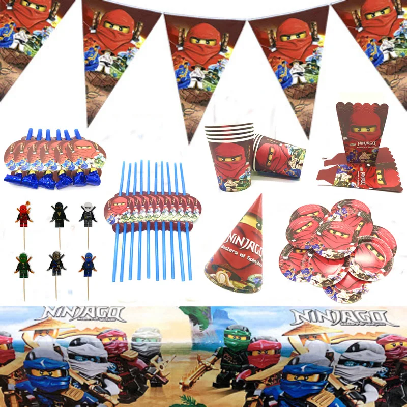 

Cartoon Disposable Tablewares Cups/blowouts/cake Toppers/wrappers/hat for Young Boys Ninjago Ninja Theme Birthday Party Supplies