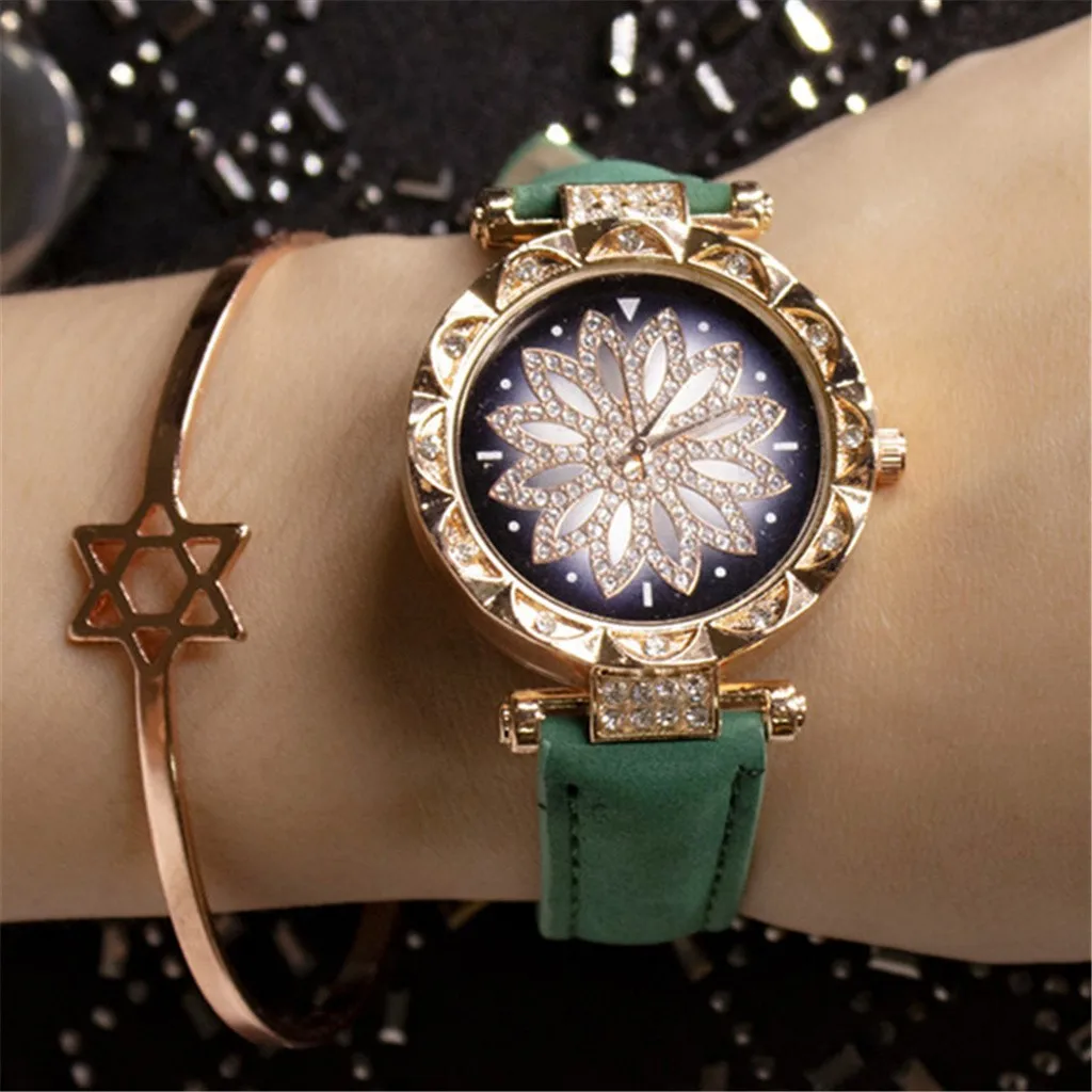 

NEW Women Watches Lucky Flower Dial Luxury Ladies Rhinestone Quartz Watch Starry Sky Leather Strap Clock Gift Relogio Feminino*M