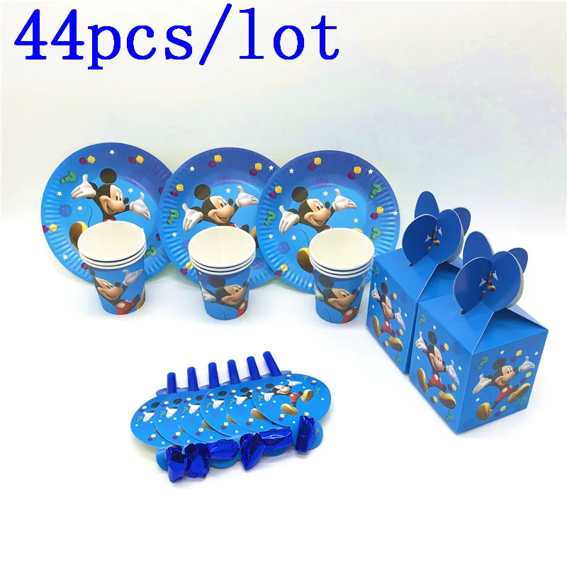 

44pcs/lot Mickey Mouse Theme Cup Plate Blowout Candy Box For 10 Kids Birthday Party Disposable Tableware Family Party Supplies