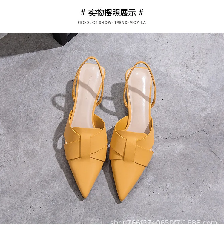 

2020 summer's new pointed garden heel crisscross belt with back strap of Baotou small CK button thick heel fairy Sandal