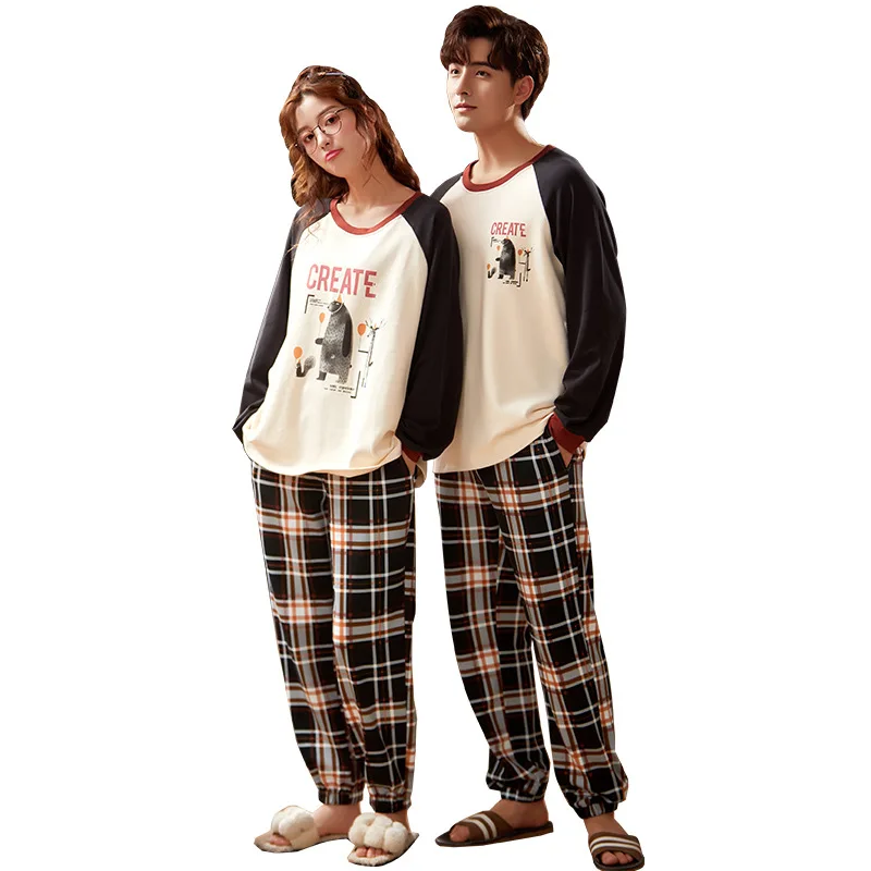 

Spring Couple Pajamas Cotton Night Suits For Women Long-sleeve Casual Men Pyjamas Plus Size Pijama Mujer Invierno Sleep Tops