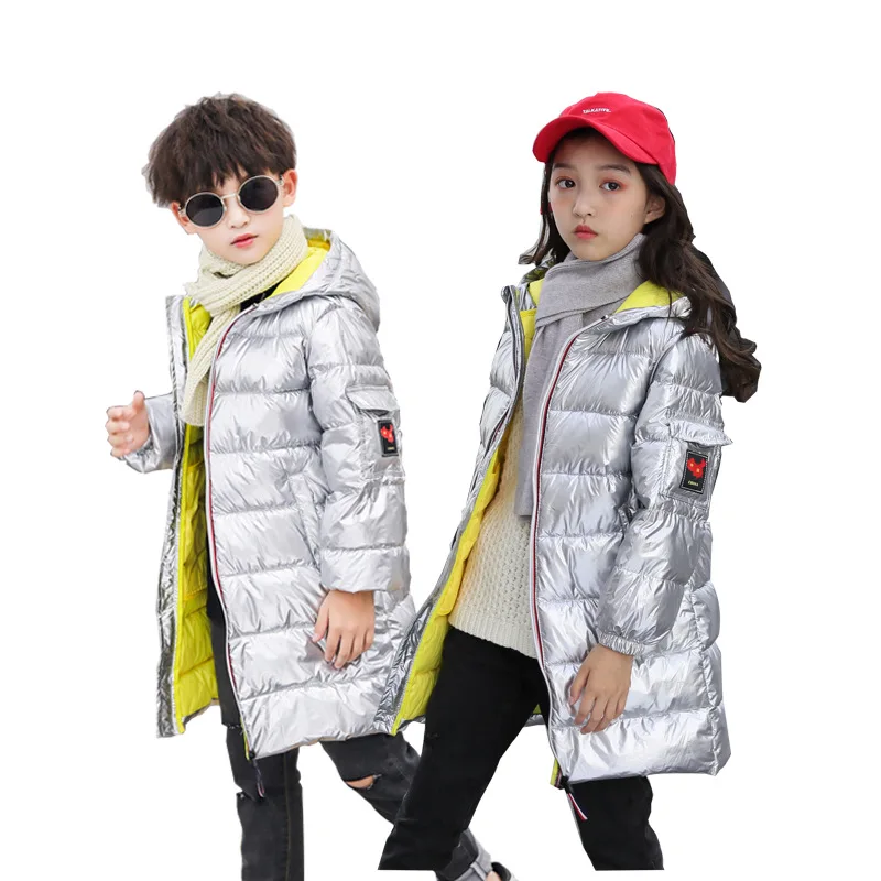 Sundae Angel Gilding Fabric Glossy Long Jacket Winter For Girls Hooded Warm Down Cotton Boys Outerwear Children's Parkas Coats