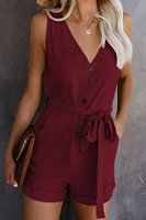 summer v neck sleeveless button belt bow jumpsuit women casual playsuit 2022 elegant tunic short overalls solid plus size romper