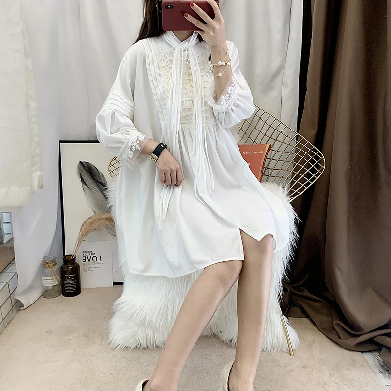 Autumn dress 2019 female very fairy French minority court lantern sleeves loose chiffon nail bead shirt skirt | Женская одежда