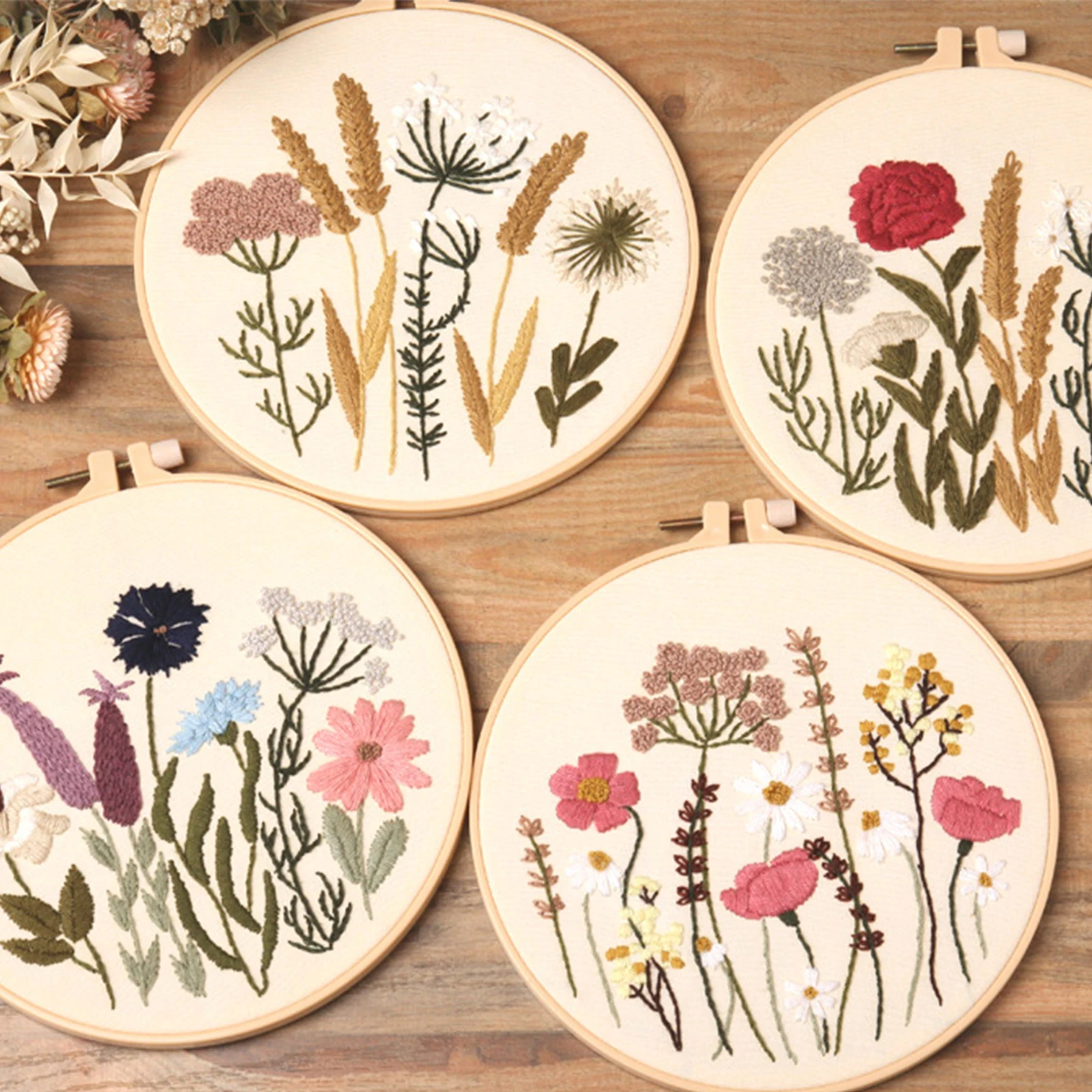 

Hand DIY Cross Stitch Kits Bamboo Embroidery Hoop Plants Flowers Embroidery Patterns and Threads Embroidery Kit for Beginners