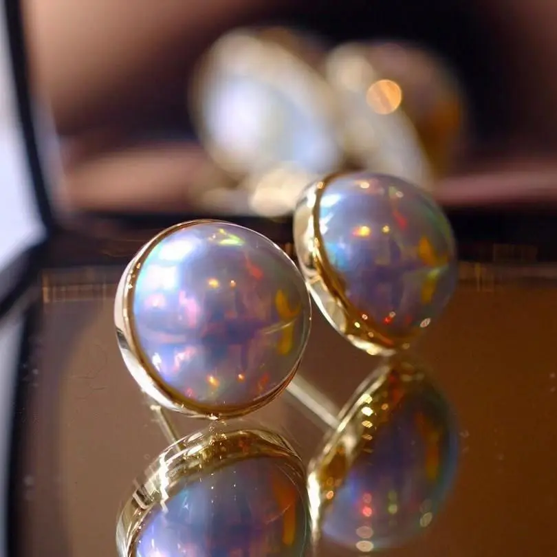 

Japanese Finished Natural Sea Mabe Pearl Earrings 18K Gold Aurora Colorful Mabei Earrings Female K Gold Earrings