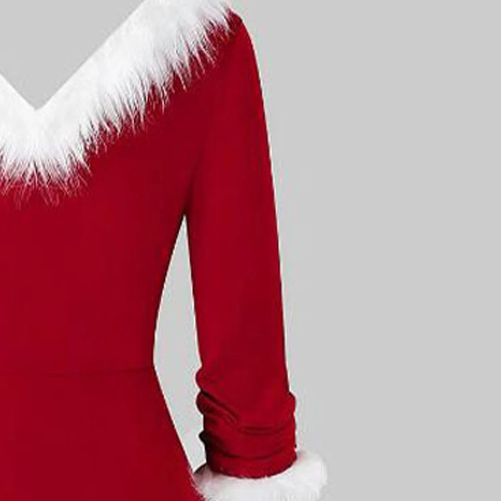 

Waylike Miss Christmas Long-Sleeved Plush High and Low Deep V Big Swing Dress Christmas Dress Adult Dress Christmas Winter Red