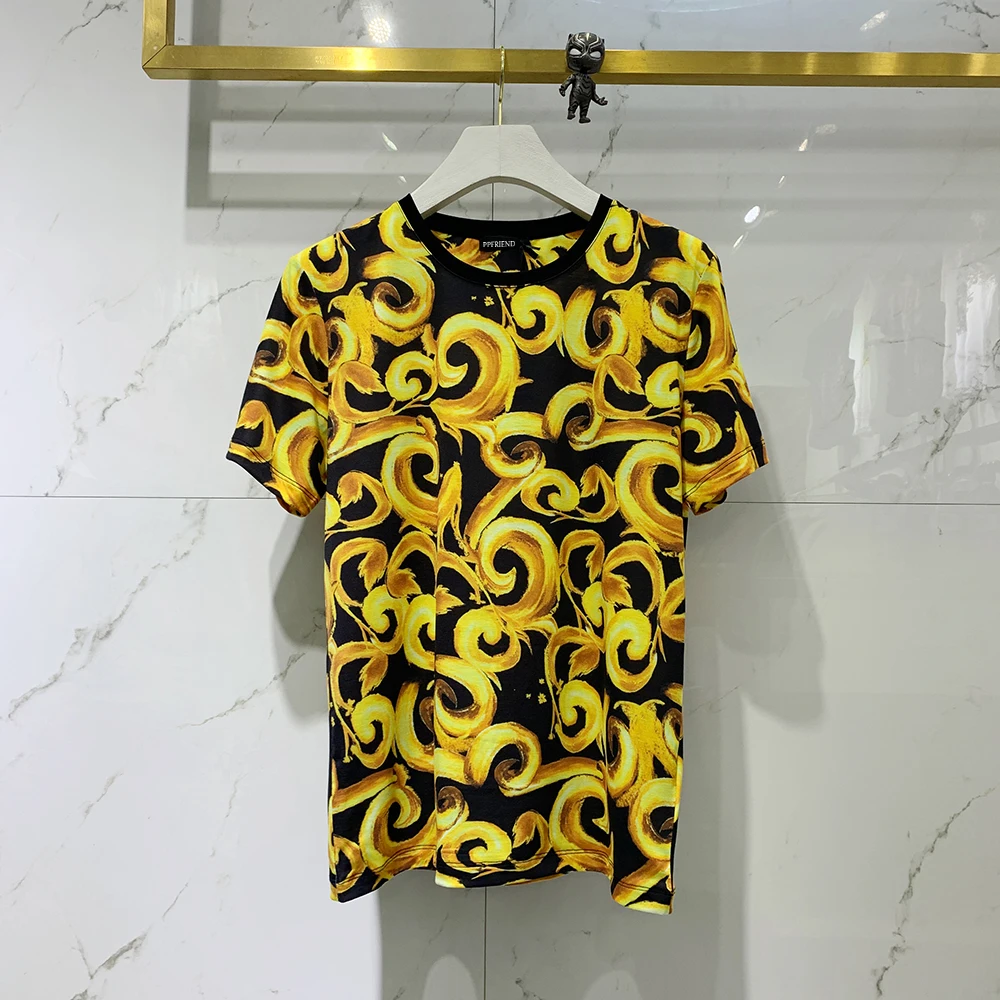 

Men's Summer 100% Cotton t-shirt with Black & Gold Flower print cotton T-shirt D|419202518
