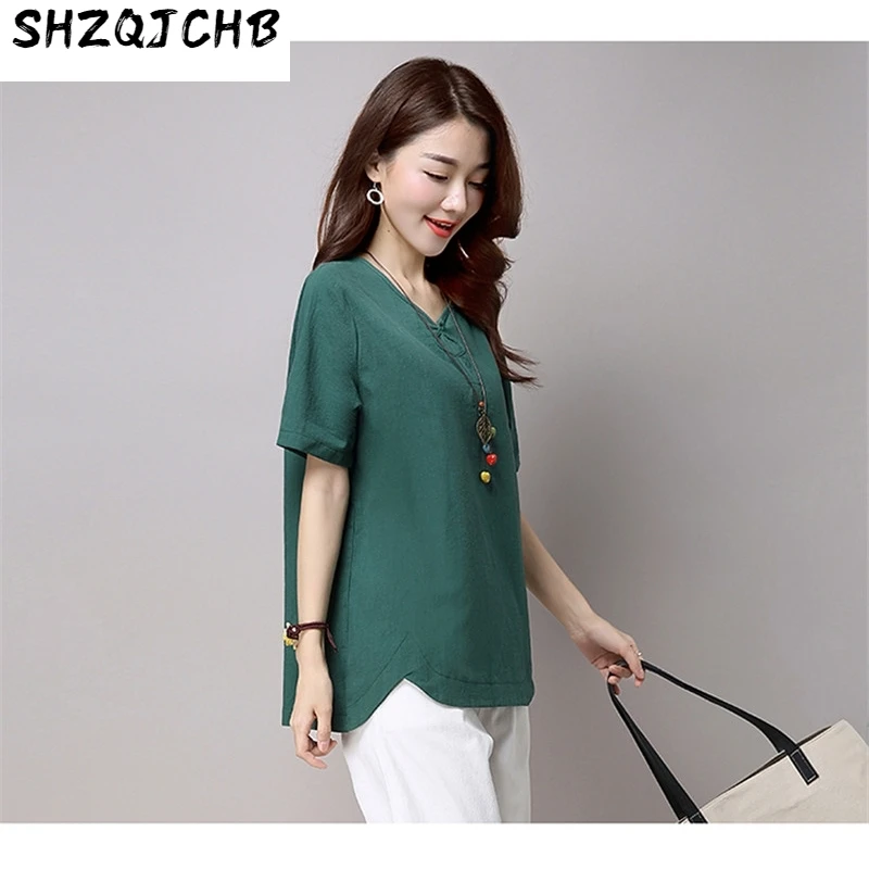 

JCHB 2021 Camisetas Mujer Verano V-Neck Female T-shirt Women Plus Size Summer T-shirts Ladies Vintage Cotton T-shirt WXF102