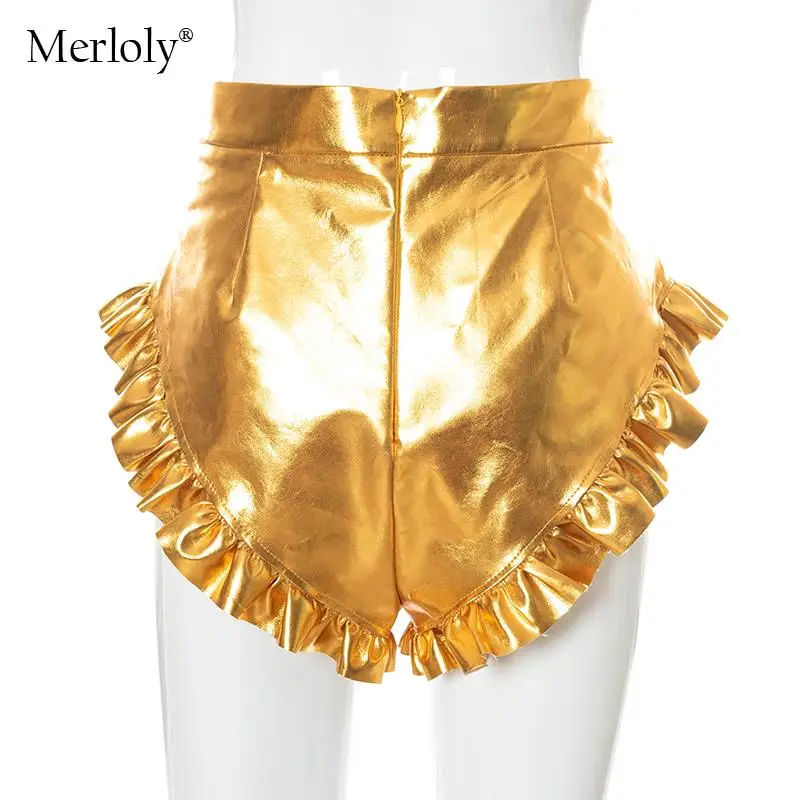 

Sexy High Waist Ruffle Zipper PU Leather Shorts Women Summer Solid Streetwear Holiday Night Club Booty shorts traf 2001