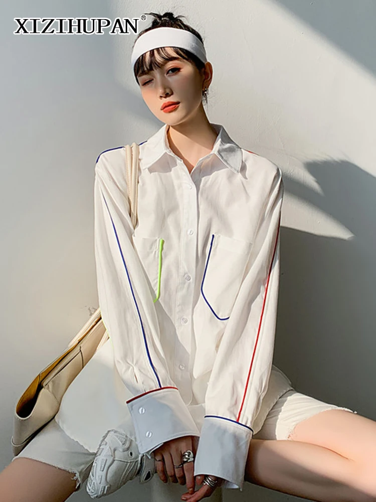 

XIZIHUPAN, Минималистичная белая рубашка для женщин, с отворотом, длинным рукавом, двойным карманом, женская блузка с цветными блоками, осень 2021, ...