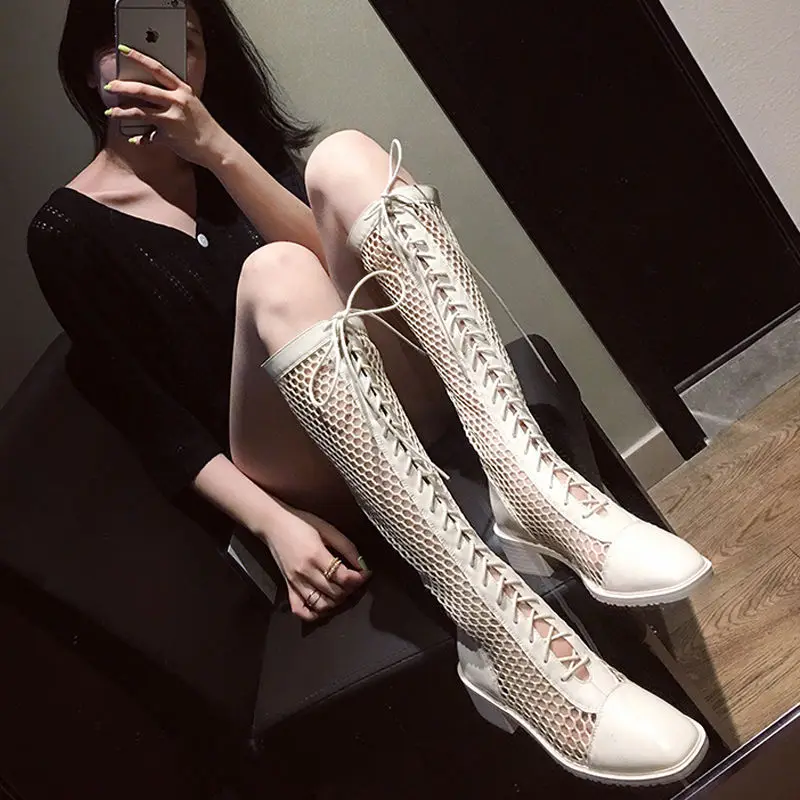 

2021 Fashion Sandals Boots,Knee High Boot,Women Gladiator Mesh Summer Shoes,Mid Heel,Hollow out,Lace-up,Black,Beige,35-39