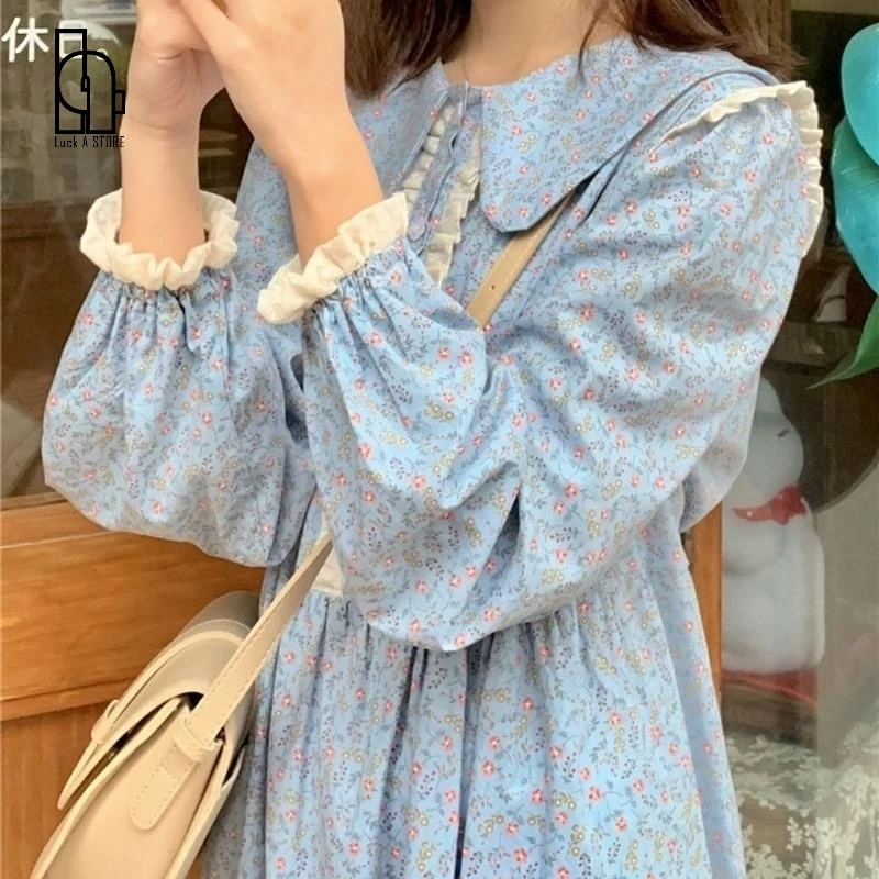 

Женское кружевное платье-трапеция с цветочным принтом, осеннее платье до середины икры с длинным рукавом, дизайнерская уличная одежда в япо...