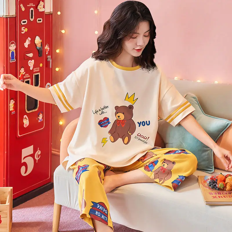 Pajamas Female Summer Short-sleeved Seven Pants Cotton Korean Version of The Casual CuteCartoonThinSectionOutsideWearHomeWearSet