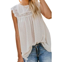 summer casual sleeveless tops elegant t shirts women fashion solid colors hollow out tops o neck lace patchwork tees with lining