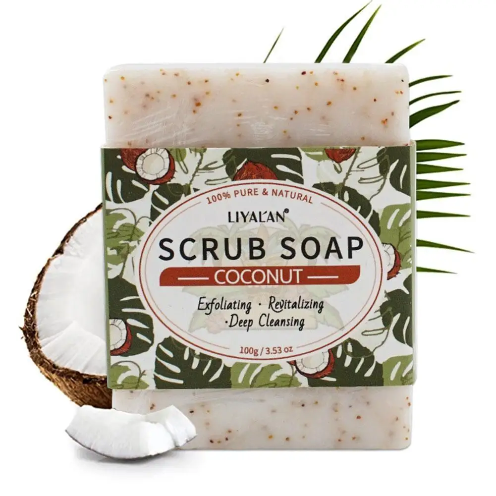 

100g Coconut Oil Exfoliating Scrub Soap Anti Acne Whitening Shrink Pores Handmade Rich Foam Body Bath Body Cleansing Herbal Soap
