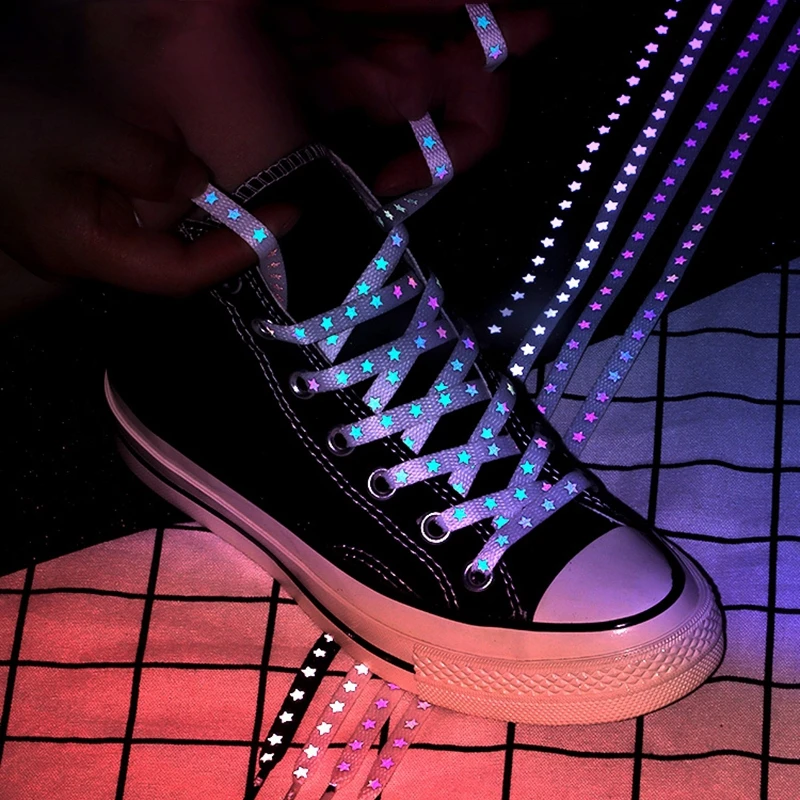 

1 Pair Flat Shoelaces Reflective Canvas Shoes Laces Man And Woman Night run Cool Shoelace Black White 120/140/160cm YG-6