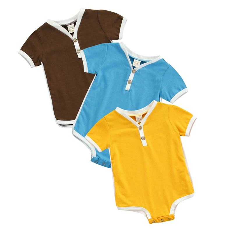 

Breathable Baby Girls Boys V Neck Bodysuits Simple Style Infant Summer Creative Color Matching Short Sleeve Button Jumpsuit