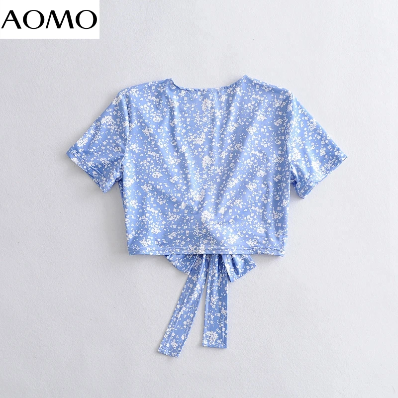

AOMO women retro print beach shirt bow short sleeve 2020 summer chic female sexy shirt tops AH70A