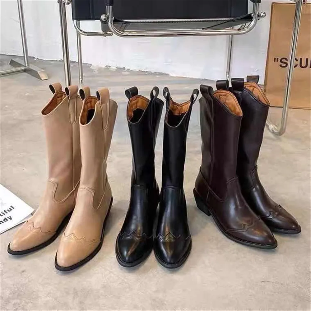 

New Fashion Pointed Toe Women Vintage Western Knight Boots Mid Calf Square Low Heel Ladies Elegant Pumps Long Boot Baroque Shoes