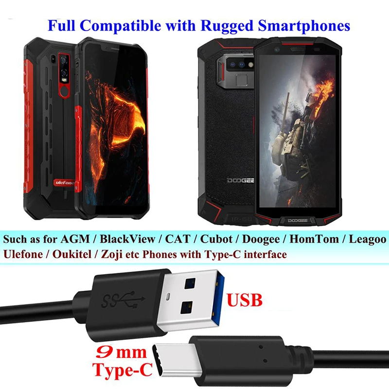 Длинный кабель USB Type C 9 мм для быстрой зарядки 3 А Ulefone Armor Вт 3WT 5S 6E 6S 7 6 5 3T Power armor 2s