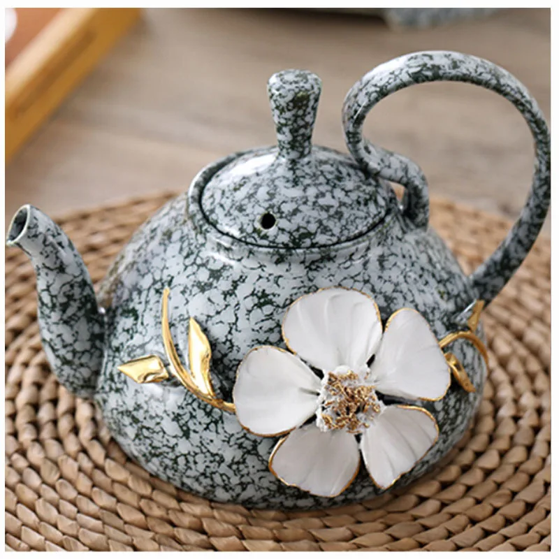 

Creative heating base teapot ceramic pinched flowers painted gold flowers handmade electric pottery stove tea kettle