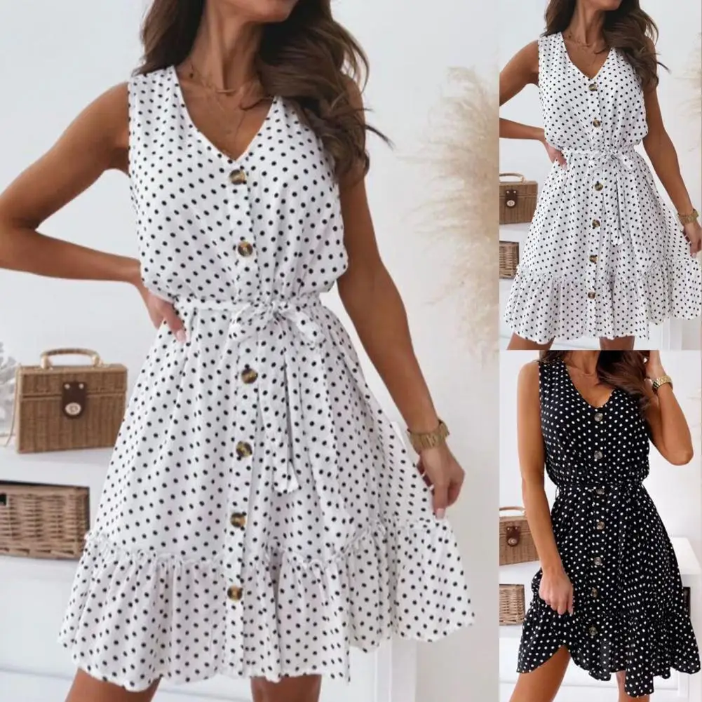 

Solid Color Women Ladies Dot Print Ruffle Hem Dress Female Casual Dress Ruffle Hem for Shopping