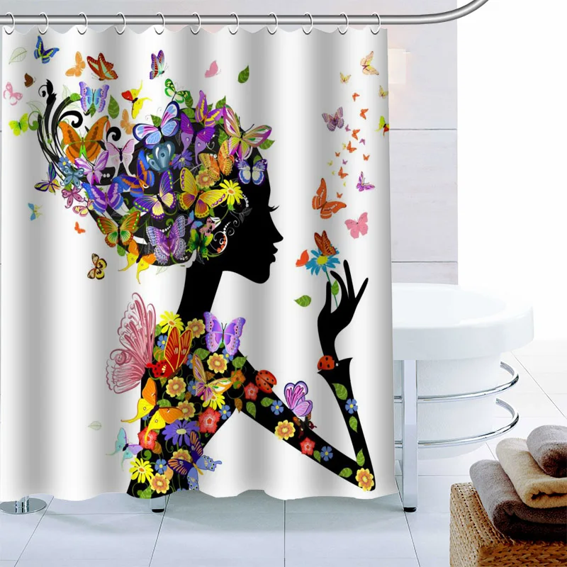 

Butterfly Silhouette Flower Shower Curtain 12 Hook Polyester Fabric 3D Printing Bathroom Curtain Waterproof Bath Curtain Decor