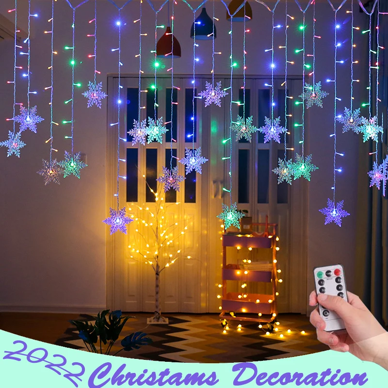 Рождественская светодиодная гирлянда со снежинками и пультом дистанционного