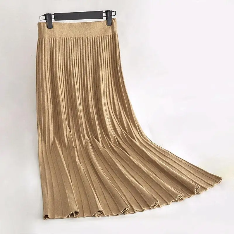 

Women's Autumn Draped Rib Pleated Long Knitted Skirt Elegant Winter Wool Blend A-line Long Knit Skirt Elastic Waist